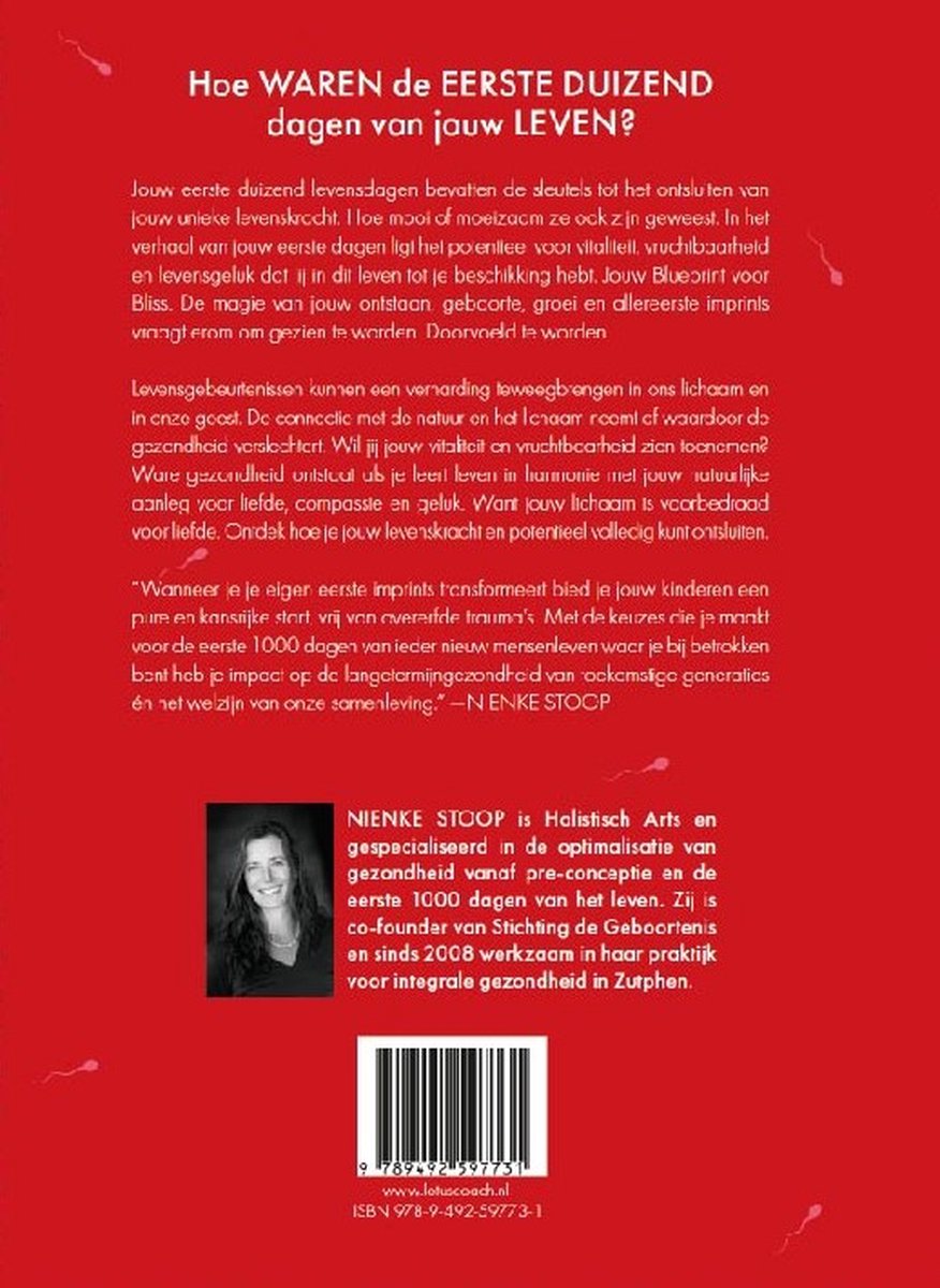 Achterkant van het boek 'Levenskracht'. Tekst over het boek en Nienke Stoop. Een afbeelding van Nienke Stoop.