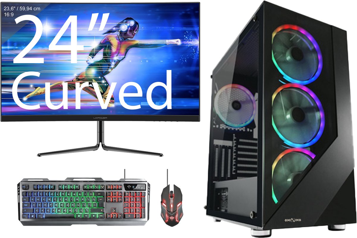 omiXimo - AMD Ryzen 3 - GeForce - GT1030 - Gaming Set - 24" Curved Gaming Monitor - Keyboard - Muis - Game PC met monitor - Complete Gaming Setup - 16 GB Ram | 480 GB SSD | LC803