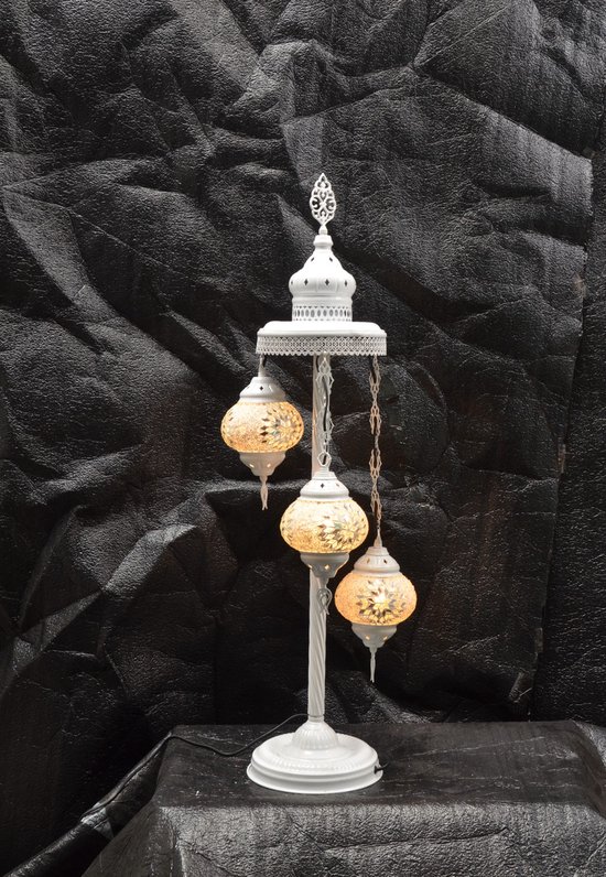 Turkse tafellamp 3 glazen bollen Oosterse staandelamp wit zilver mozaïek