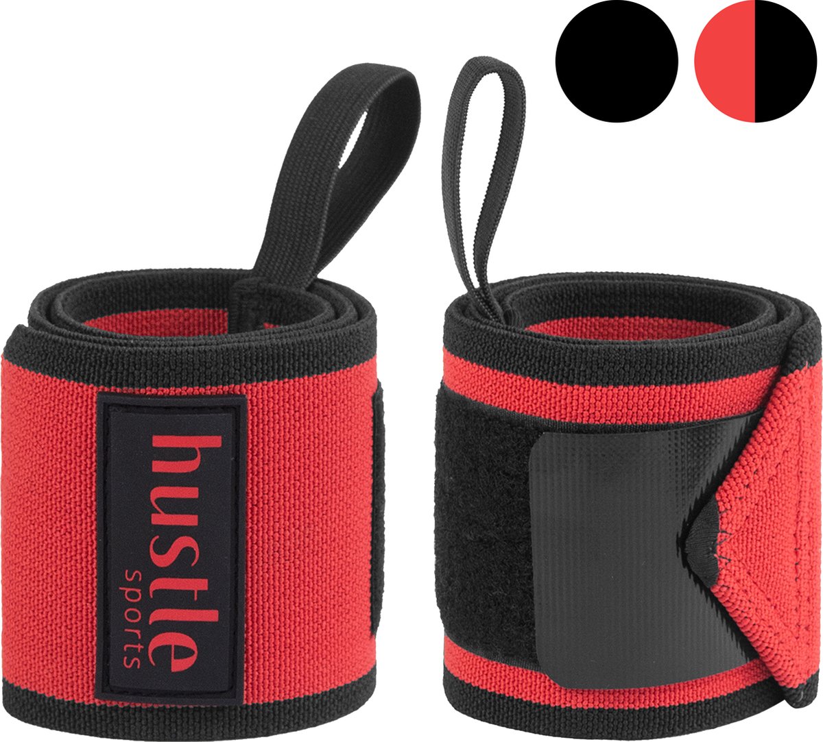 hustle - Rood met Zwarte Competitive Wrist wraps met Duimlus - 1 Paar - Polsbrace - Links en Rechts - Fitness - Krachttraining
