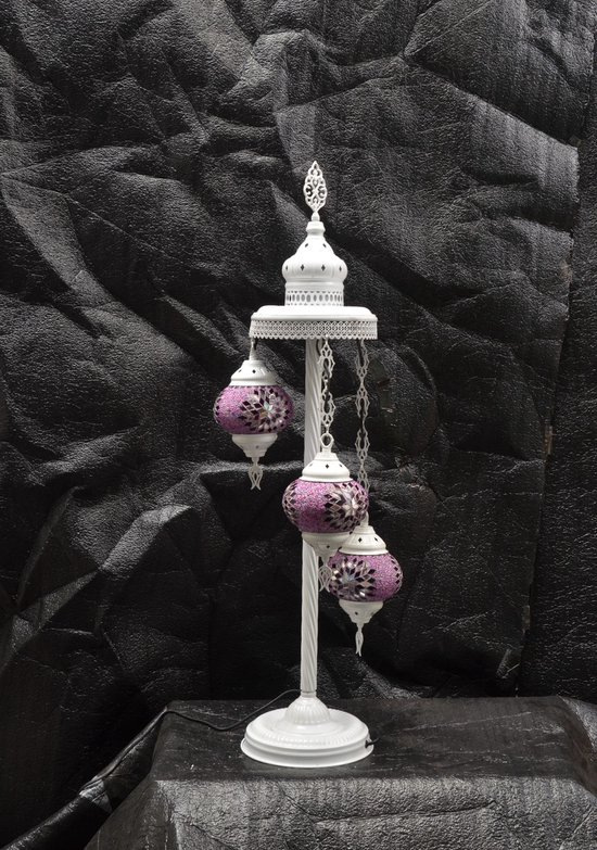 Turkse tafellamp 3 glazen bollen Oosterse staandelamp paars roos mozaïek