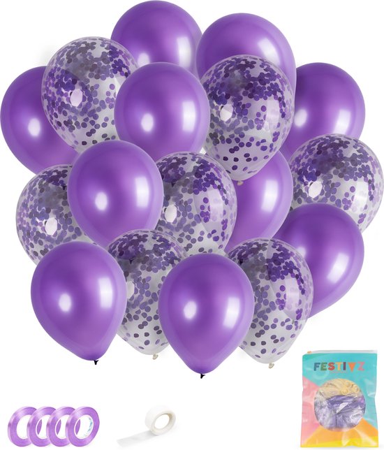 Festivz 40 stuks Paars  Ballonnen met Lint – Decoratie – Feestversiering - Papieren Confetti – Purple - Purple Latex - Verjaardag - Bruiloft - Feest