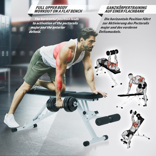 GoodVibes - Multifunctionele Halterbank Inclusief Halterset - Inklapaar - Verstelbaar - 30KG Gewichten - Korte halters
