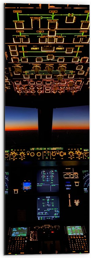 WallClassics - Dibond - Cockpit met Zonsondergang in de Avond - 30x90 cm Foto op Aluminium (Wanddecoratie van metaal)