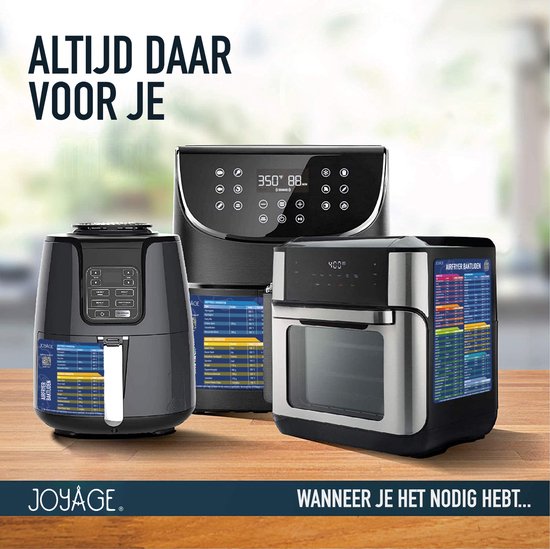 Drie verschillende Joyage airfryers op een houten tafel, met op de achtergrond de tekst 'Altijd daar voor je'.