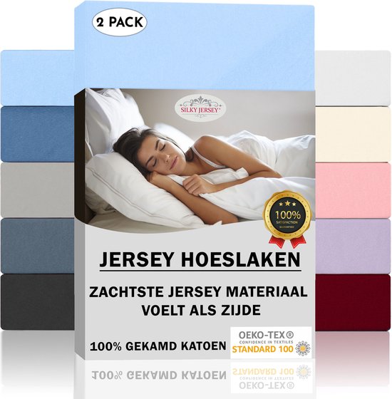 Silky Jersey  (2 stuks)  Fijne Extra Zachte Hoeslakens 100% Katoen - 90x200 cm Hemelsblauw