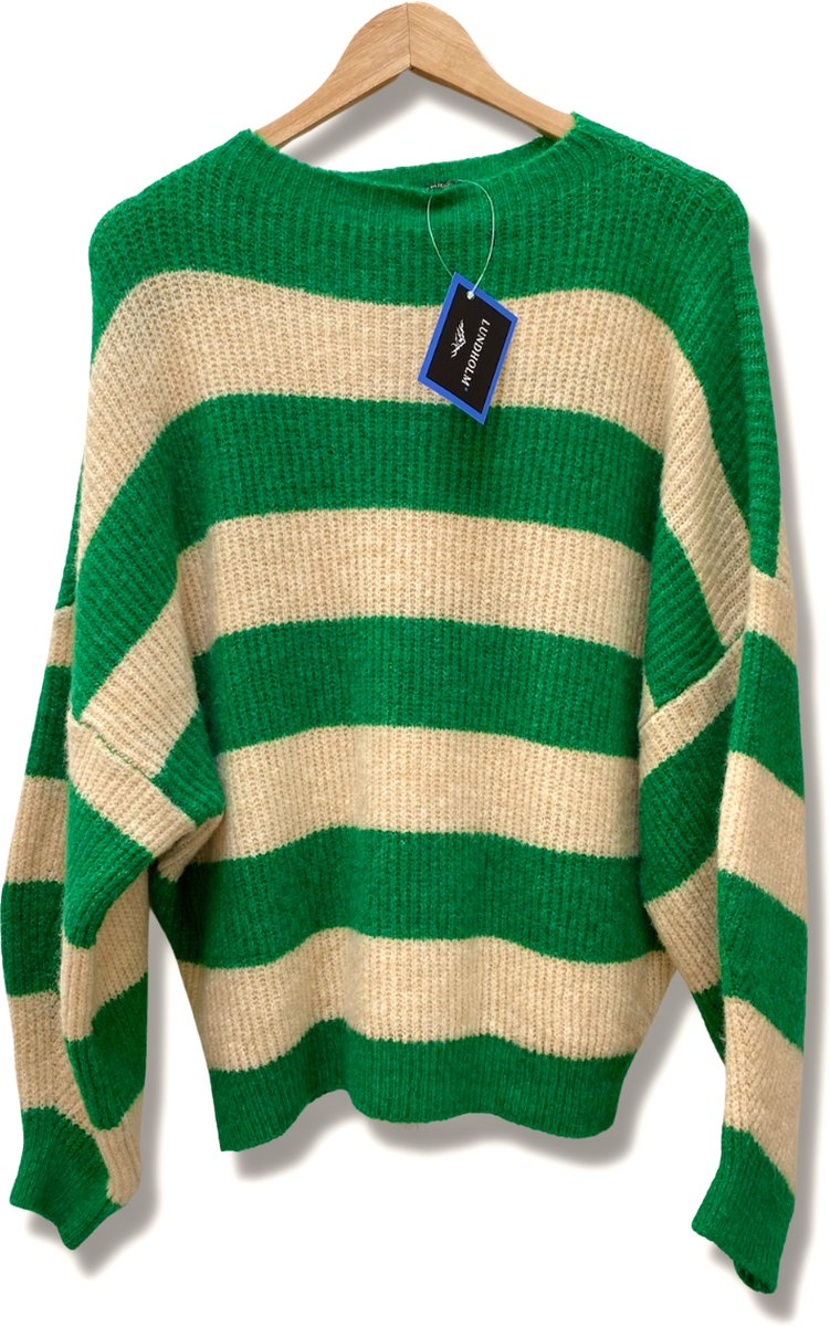 Lundholm Sweater Dames trui groen roze gestreept - gebreide truien dames oversized trui dames knitted scandinavische trui dames | Lundholm Linköping collectie