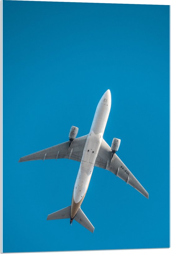 WallClassics - Plexi Acrylglas- Onderkant van Vliegtuig bij Blauwe Lucht - 60x90 cm Foto op Acrylglas (Met Ophangsysteem)
