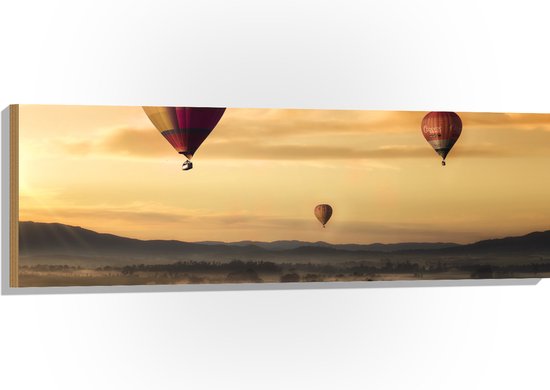 WallClassics - Hout - Luchtballonen Zwevend boven Open Veld - 120x40 cm - 12 mm dik - Foto op Hout (Met Ophangsysteem)