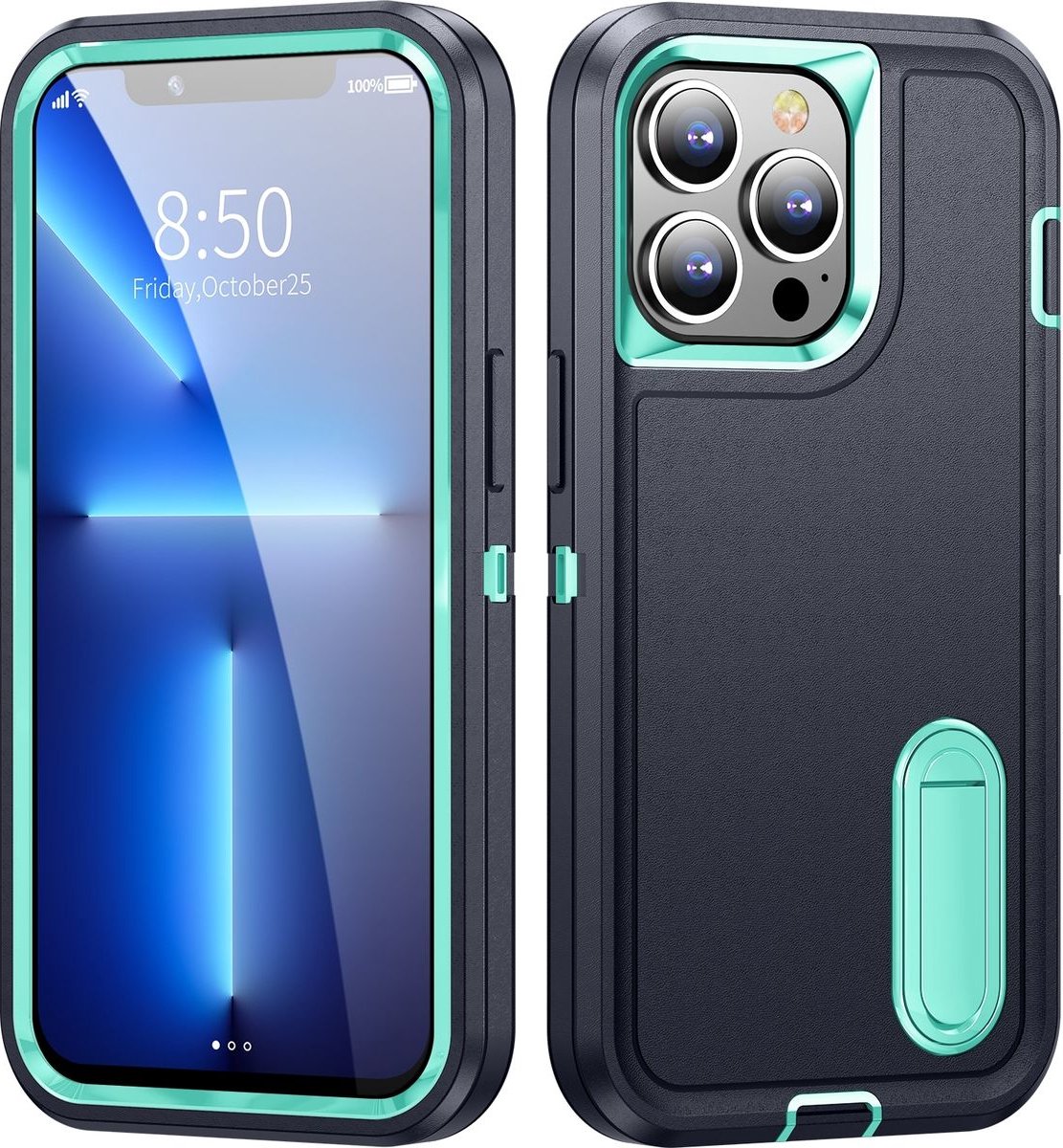 Mobigear Hoesje geschikt voor Apple iPhone 14 Telefoonhoesje Hardcase | Mobigear Rugged Stand Backcover Shockproof met Standaard | Schokbestendig iPhone 14 Telefoonhoesje | Anti Shock Proof - Donkerblauw