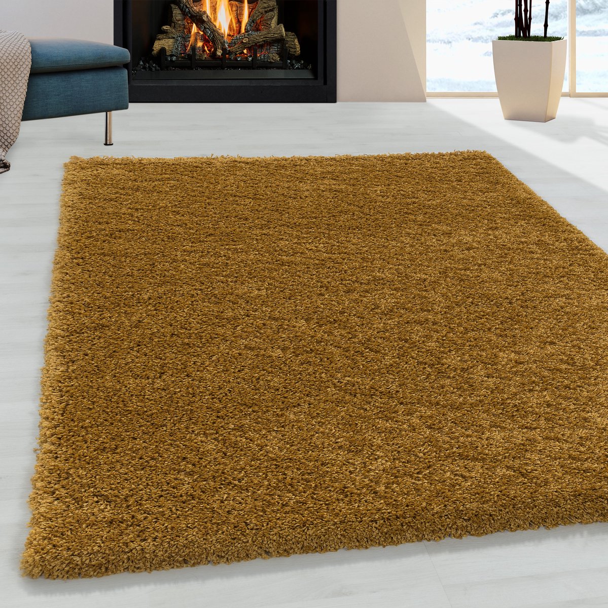 Sydney Shaggy vloerkleed hoogpolig loper 80x250cm goud