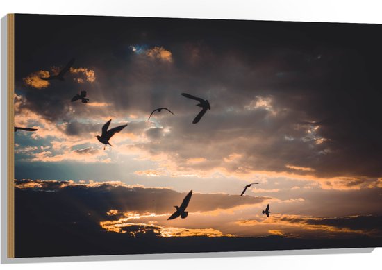 WallClassics - Hout - Vogels in de Lucht bij Zonsondergang - 105x70 cm - 12 mm dik - Foto op Hout (Met Ophangsysteem)