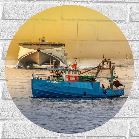 WallClassics - Muursticker Cirkel - Blauwe Vissersboot omringd door Zeemeeuwen - 50x50 cm Foto op Muursticker