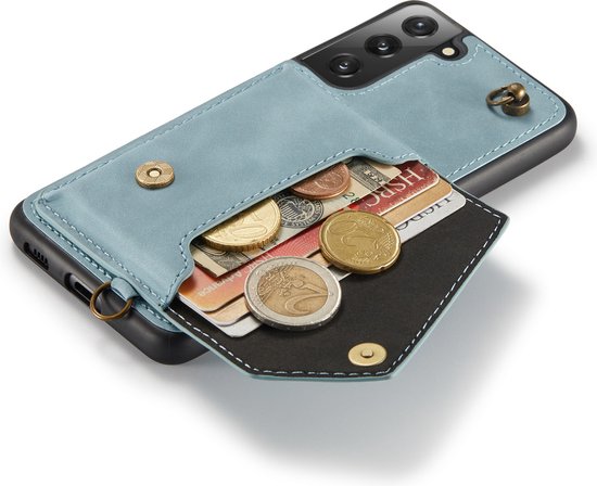 Coque de téléphone bleu clair avec portefeuille ouverte, contenant des pièces et des cartes de crédit.