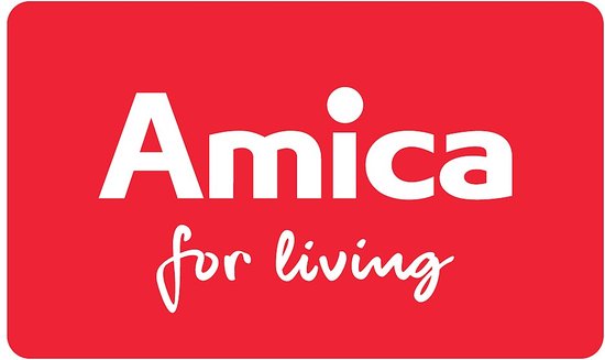 Amica for living logo op rode achtergrond.