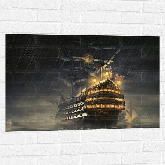 WallClassics - Muursticker - Groot Schip op Zee in Storm - 90x60 cm Foto op Muursticker