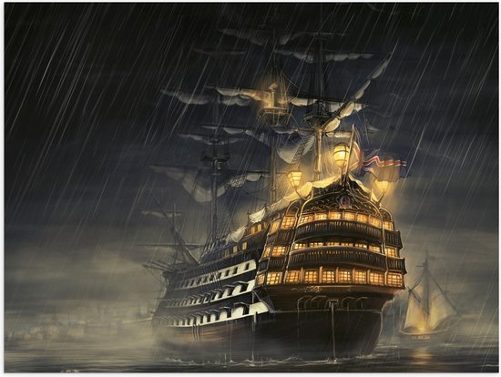 WallClassics - Poster Glanzend – Groot Schip op Zee in Storm - 40x30 cm Foto op Posterpapier met Glanzende Afwerking