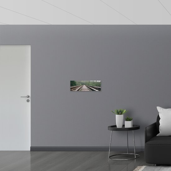 Une impression sur verre acrylique d'une voie ferrée traversant une forêt, accrochée à un mur gris au-dessus d'un canapé noir et d'une table d'appoint.