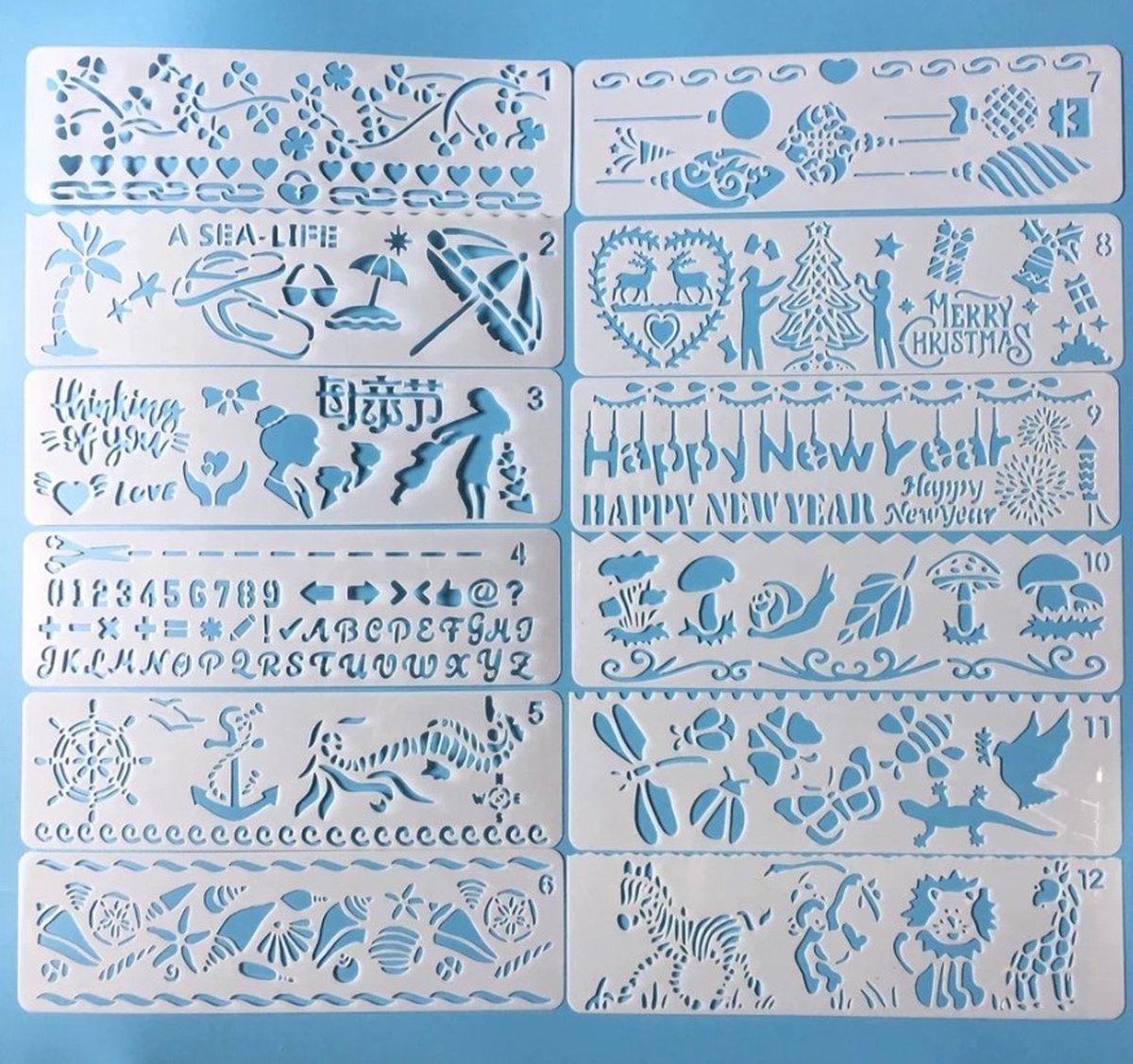 Bullet Journal Flexibele Plastic Stencils - 12 stuks - Templates - Diversen - Merry Christmas - Happy New Year - Strand - Zee - Schelpen - Bloemen - Letters - Dieren - Sjablonen - 5,8 x 20cm - Handlettering toolkit - Knutselen - Decoratie - Merkloos