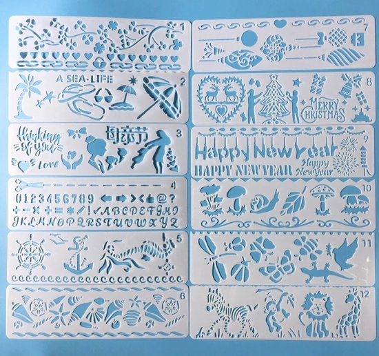 Bullet Journal Plastic Stencils - 12 stuks - Templates - Diversen - Merry Christmas - Happy New Year - Strand - Zee - Schelpen - Bloemen - Letters - Dieren - Sjablonen - 5,8 x 20cm - Handlettering toolkit - Knutselen - Decoratie - Accessoires cadeau geven