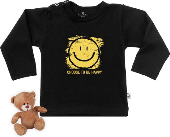 Baby t shirt met lachende smiley opdruk - Zwart - Lange mouw - Maat 74/80.