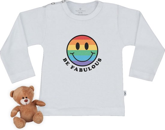 Baby t shirt met print - Smiley 'Ben geweldig'- Wit - Lange mouw - maat 74/80.
