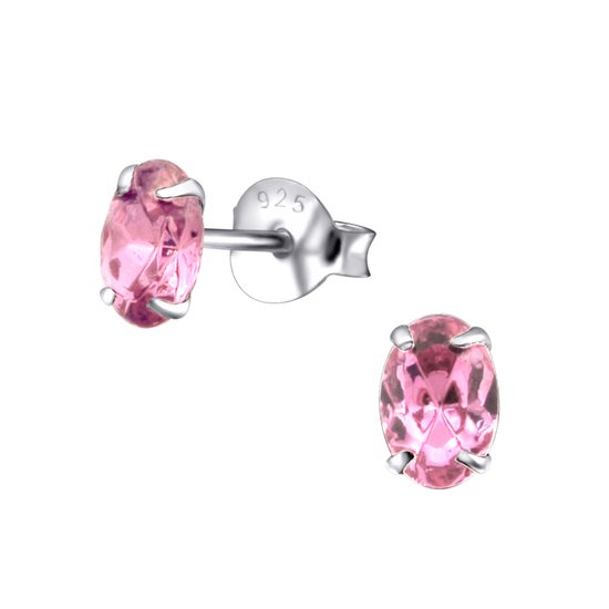 Joy|S - Zilveren ovaal oorbellen - 4 x 6 mm - kristal roze - oorknoppen