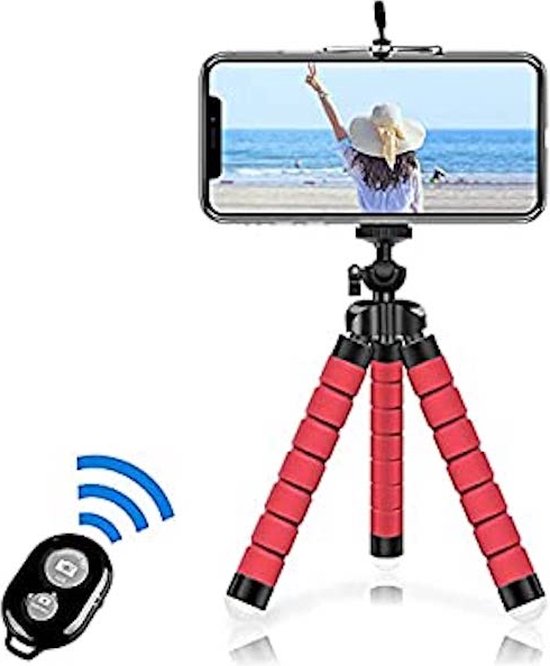Draagbaar statief, Bluetooth Mini flexibel statief met 360 ° afstandsbediening met 1/4 “schroef voor iPhone 8/8 Plus/7/7 Plus, Galaxy S7/S7 Edge, Honor, Xperia en etc, tot 5,5 “Rood