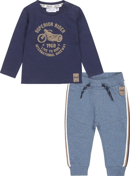 Dirkje - Kledingset - 2delig - Joggingbroek Lichtblauw melee - Shirt LS Navy met motor - Maat 86