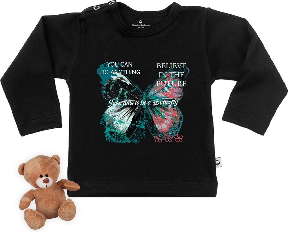 Baby t shirt met vlinder print en tekst - Zwart - Lange mouw - Maat 62/68.