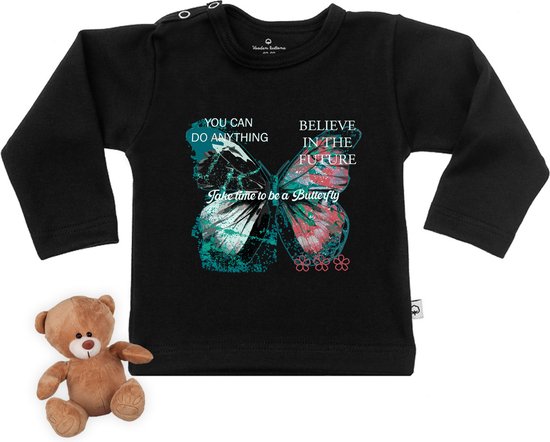 Baby t shirt met vlinder print en tekst - Zwart - Lange mouw - Maat 62/68.