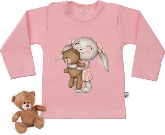 T-shirt Bébé imprimé lapin et ours en peluche - Rose - manches longues - taille 50/56.