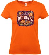 Dames T-shirt Happy Halloween pompoen | Halloween kostuum kind dames heren | verkleedkleren meisje jongen | Oranje | maat S