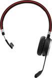 Zwarte Jabra headset met rode strepen op de hoofdband en microfoonarm.