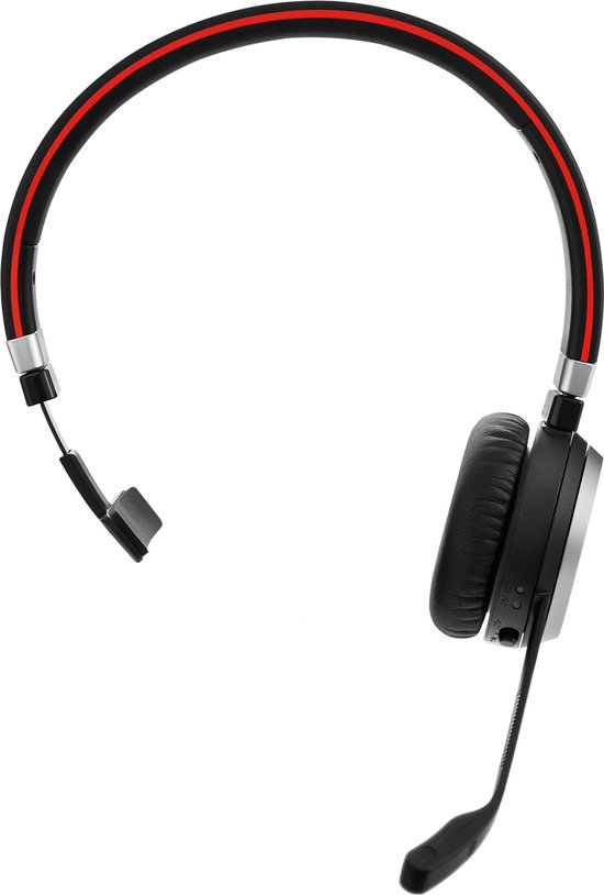 Zwarte Jabra headset met rode strepen op de hoofdband en microfoonarm.