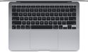 Bovenaanzicht van een open, grijze MacBook Air met het toetsenbord en trackpad.