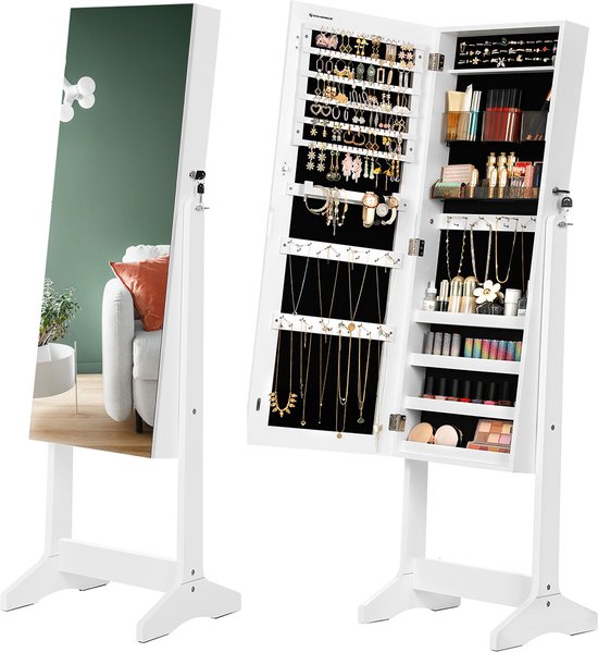 Wit Sieradenkast Met Staande Spiegel, 2 Make-Up Organizers En Oorbellen Make Up Wit Wit Sieradenkast Met Staande Spiegel, 2 Make-Up Organizers En Oorbellen Make Up Wit