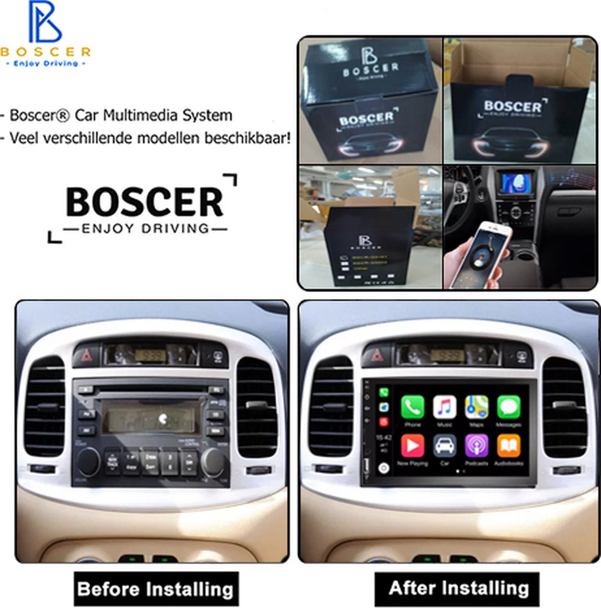 Autoradio Boscer® 1Din, Apple Carplay et Android Auto, Écran pliant  automatique HD