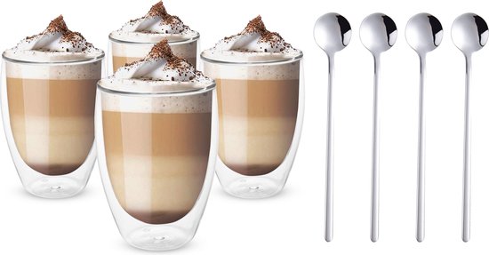 Vaja® Theeglazen dubbelwandig – Koffieglazen Set – 350 ml - 4 Stuks - Cappuccino Glazen - Latte macchiato glazen - Incl. Lepeltjes