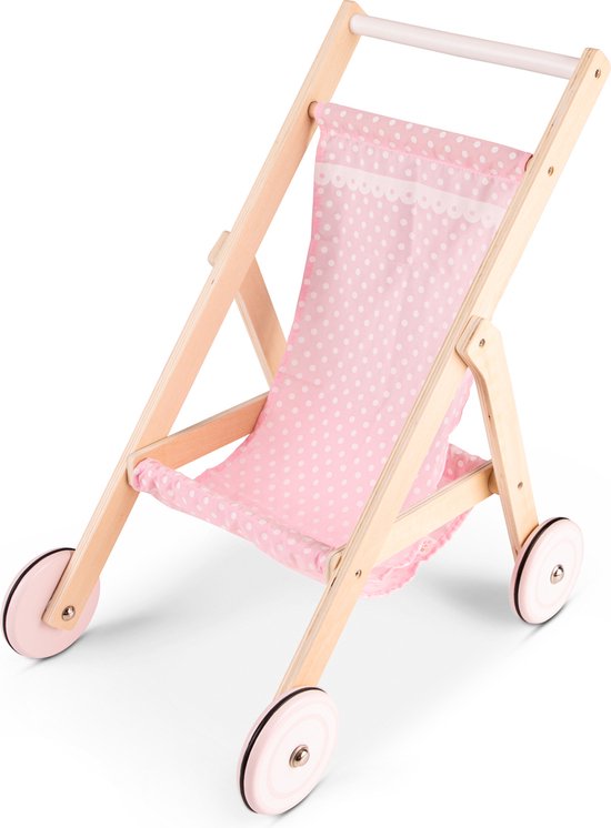 Houten poppenwagen met roze stoffen zitting met witte stippen, zijkant zichtbaar.