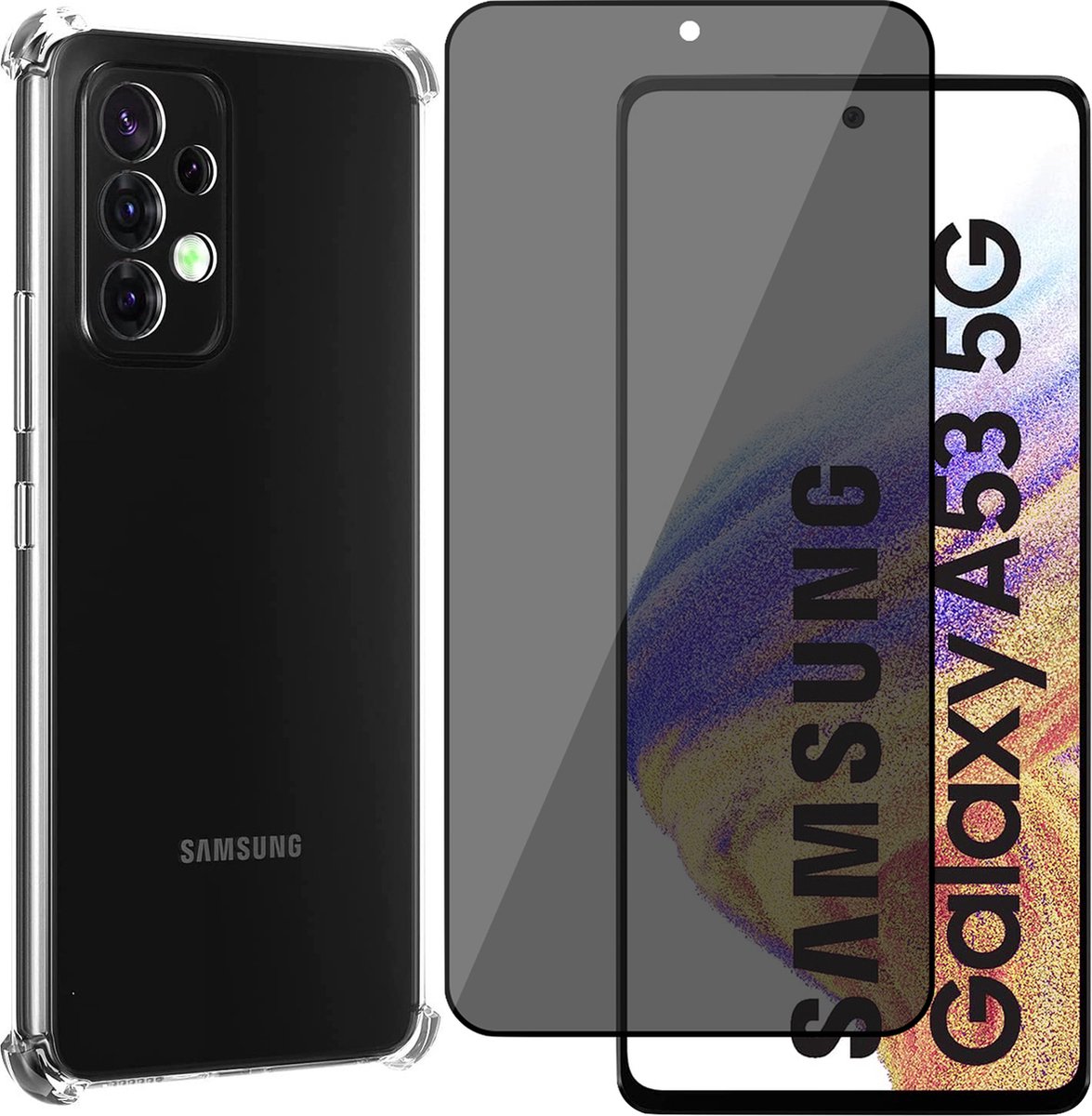 Hoesje geschikt voor Samsung Galaxy A53 - Transparant met Screenprotector Set - Privacy Gehard Glas Full Screen Tempered Glass Screen Protector