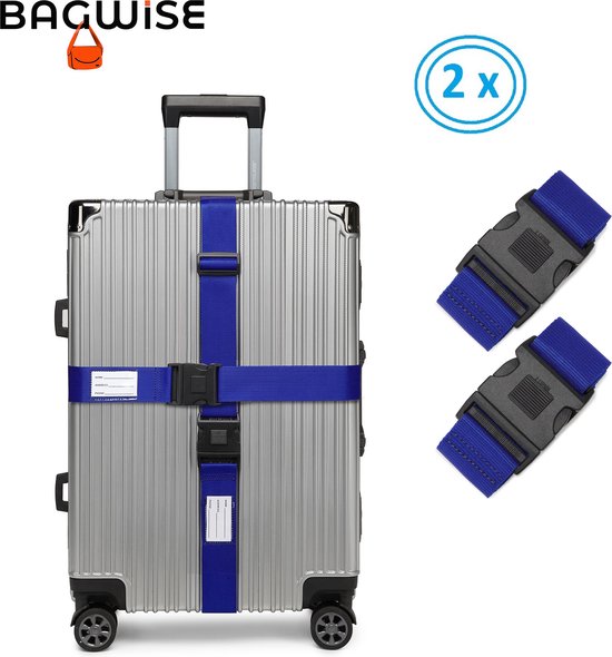 2 x Kofferriem - Bagage Band - Luggage Belt - Bagage Gordel - met SlideLock en adreslabel - Afstelbaar - 200cm x 5 cm - Blauw