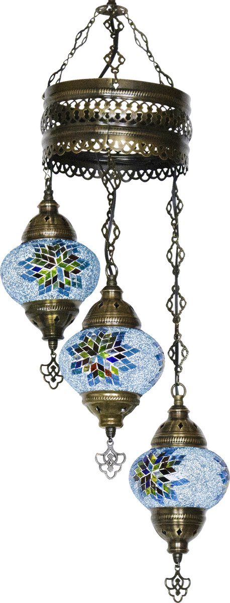 Oosterse mozaiek hanglamp - Lichtblauw - Hoogte 70cm - Breedte 20cm - Diameter bol(len) 13,5cm