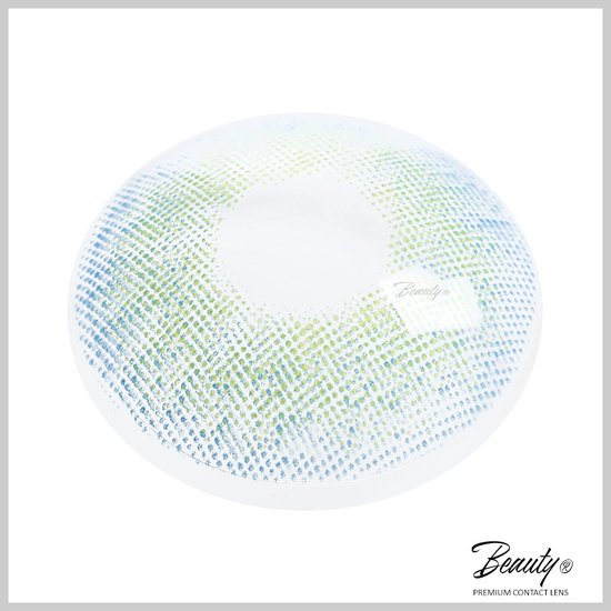 Een enkele blauwgroene gekleurde contactlens met een rasterpatroon, op een witte achtergrond. "Beauty" logo zichtbaar.