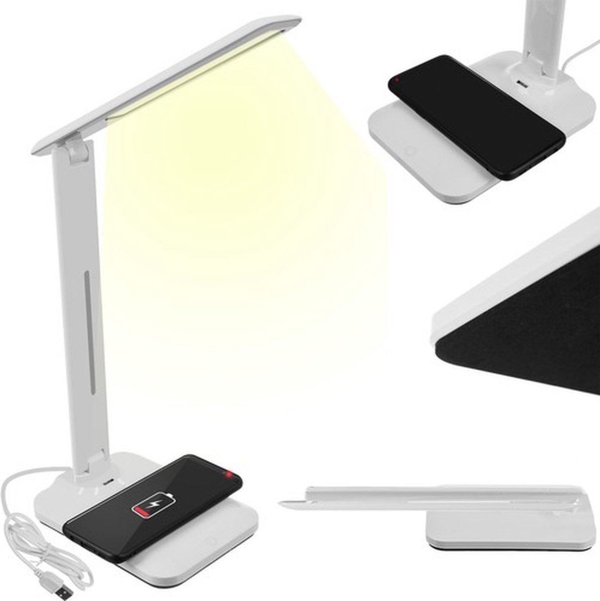 Bureaulamp - Led Tafellamp - Dimbaar en Kantelbaar - Smart Touch - Draadloos Opladen - Pc Lamp - Wit