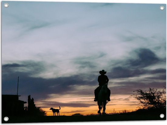 WallClassics - Poster de Jardin - Silhouette d'un Cowboy au Coucher du Soleil - 80x60 cm Photo sur Poster de Jardin (décoration murale pour l'extérieur et l'intérieur)