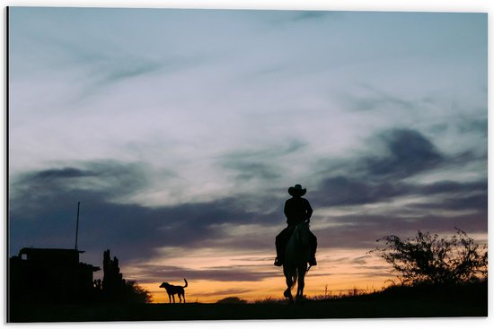 WallClassics - Dibond - Silhouette van een Cowboy bij Zonsondergang - 60x40 cm Foto op Aluminium (Met Ophangsysteem)