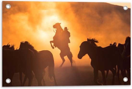 WallClassics - Poster de Jardin - Cowboy entre Paarden Courants - 60x40 cm Photo sur Poster de Jardin (décoration murale pour l'extérieur et l'intérieur)