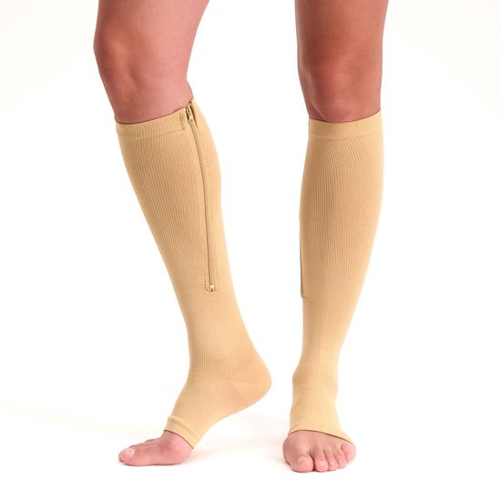 Steunkousen met rits - Compressiekousen - Compressie Sokken met Open Teen - Per Paar - Unisex - Beige - XXL