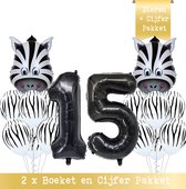 Snoes * Cijfer Ballon 15 Jaar Zebra Jungle Thema Ballon Boeketten Set van 15 Zebra Safari Verjaardag Folie en Latex ballonnen Hoera 15 Jaar Nummer Ballon